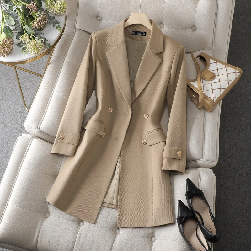 New Women Formal Blazer Coat Autumn Winter Jacket Female Double Button Office Coat Ladies Work Wear Mid Long Blazer Outerwear