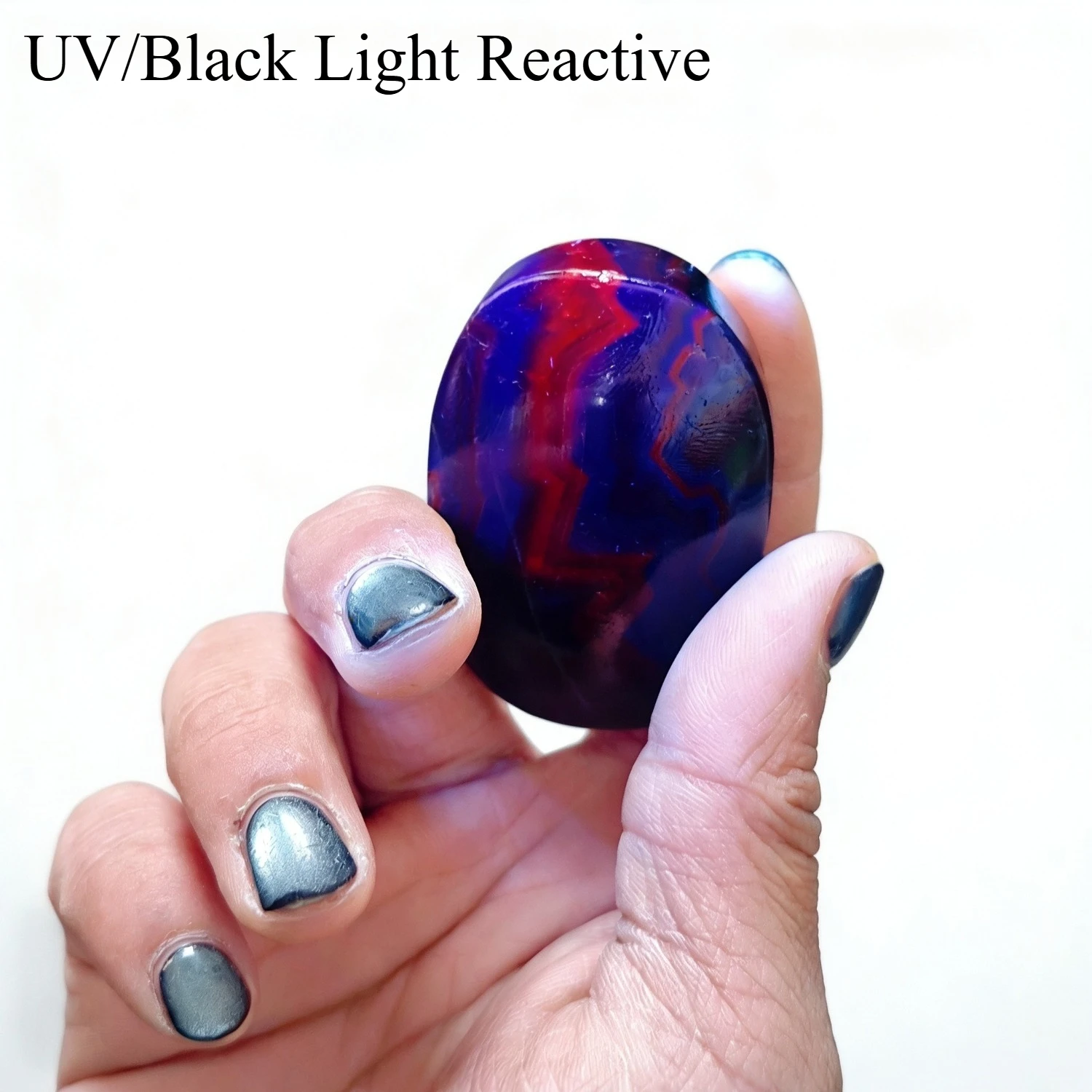 1pc Rare Black Rose Fluorite Crystal Palm Stone - UV/Black Light Reactive Crystal with Bright Red & Blue Fluorescent Stripes