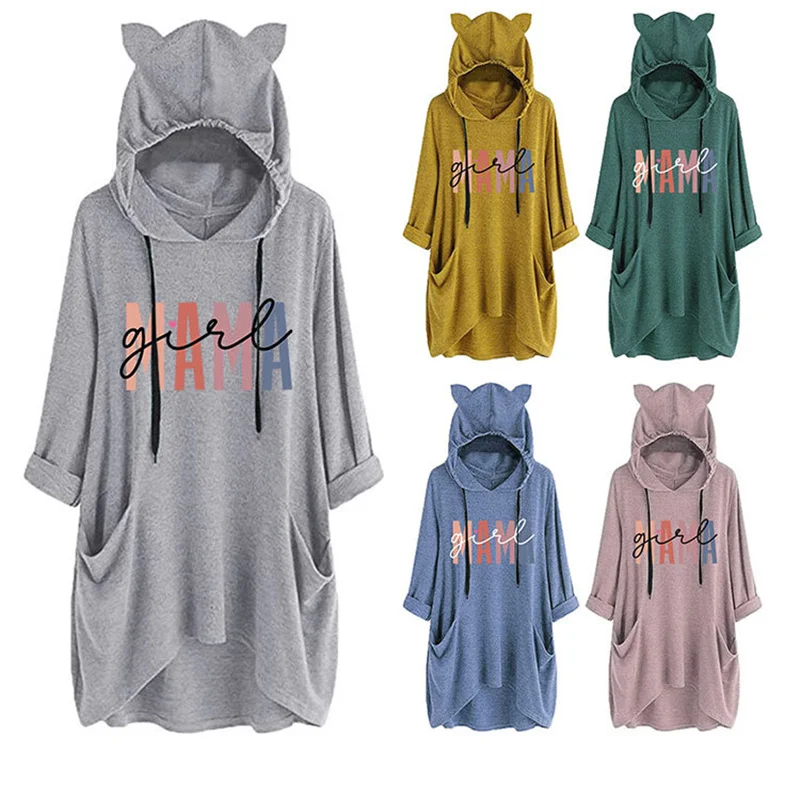 

New fashion autumn/Winter cotton women's mama girl letter print cute retro trend hooded cat ears cashmere hoodie