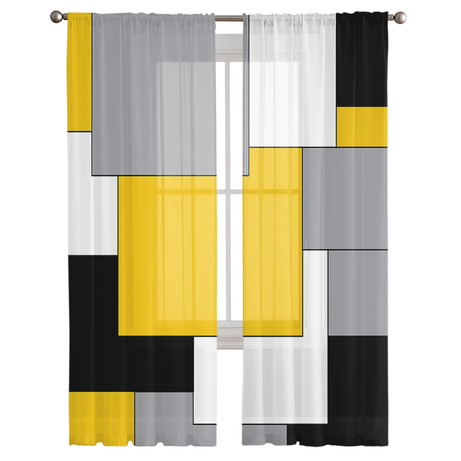 Yellow Mosaic Color Abstract Art Tulle Curtains for Living Room Bedroom Modern Kitchen Sheer Curtains for Voile Curtain