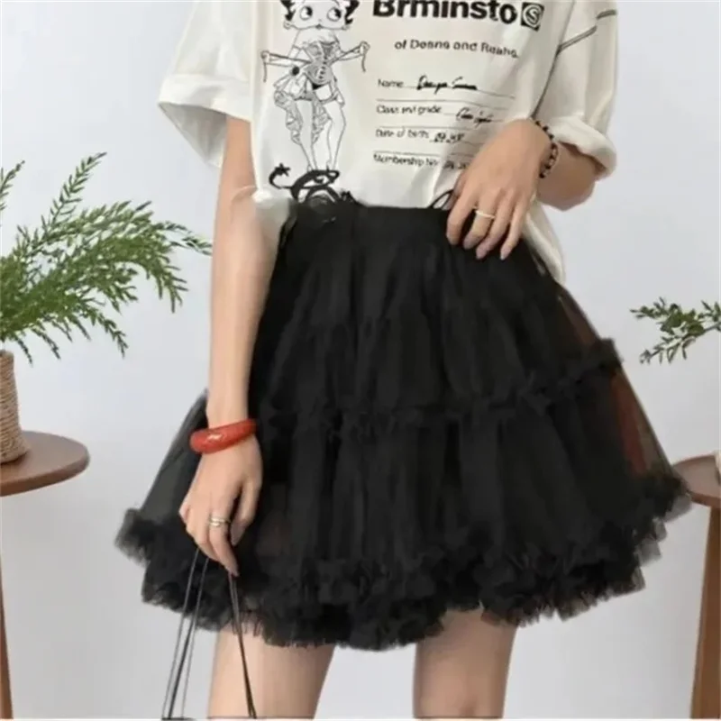 

Elastic Gothic Lace Tutu Skirt Women Black Mesh Detail Petticoat Sexy Mini Tulle Skirts Party Club Wear Dancer
