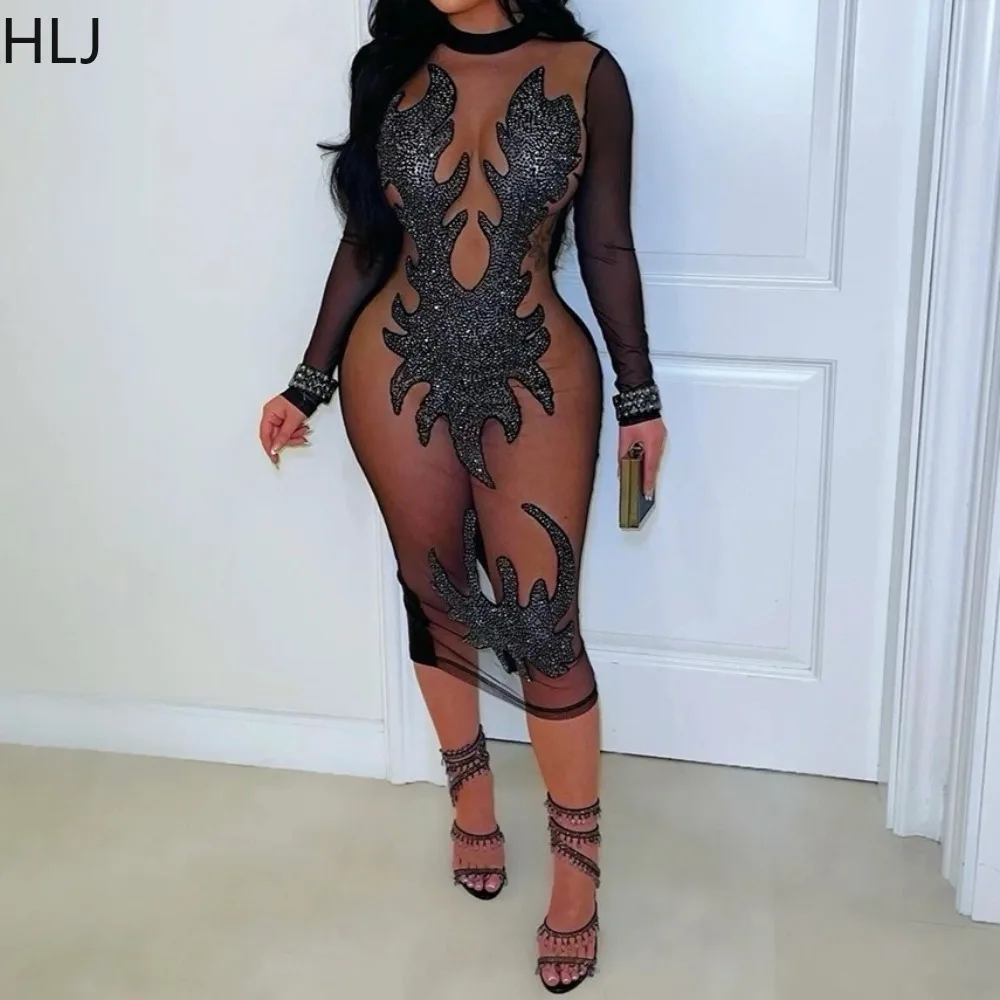 

HLJ Sexy Mesh Sequin Patchwork Bodycon Dresses for Woman Shining See Through Long Sleeves Dress Female Party Clubwear Vestidos