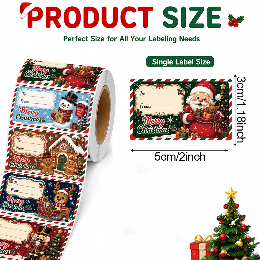 500 Pcs Christmas Gift Label Stickers Roll, 5 Designs Merry Christmas To From Labels, Self Adhesive Holiday Gift Tags