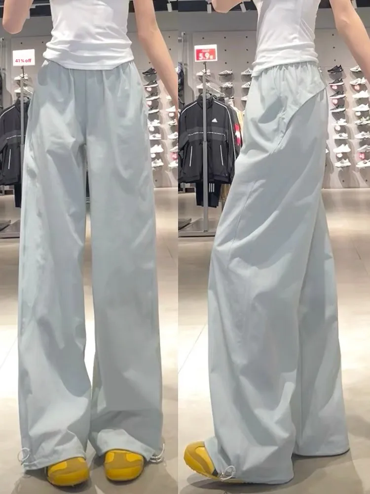 

Синие драпированные широкие брюки с высокой талией, женские летние тонкие спортивные брюки, корейские свободные брюки