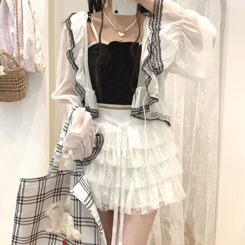 Japanese Sweet Lolita Style Short Cardigan Women Kawaii Lace Reffles Lace-ups Chiffon Coat Korean Fashion Gothic Y2k Crop Tops