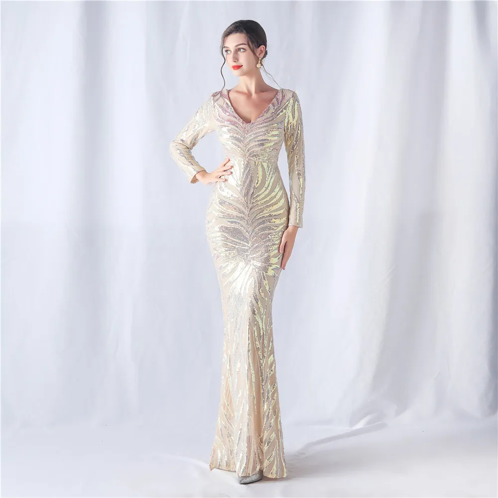 Sladuo Sexy V Neck Sequin Maxi Dress For Women Winter Long Sleeve Evening Celebrity Club Runway Party Dresses Vestifos