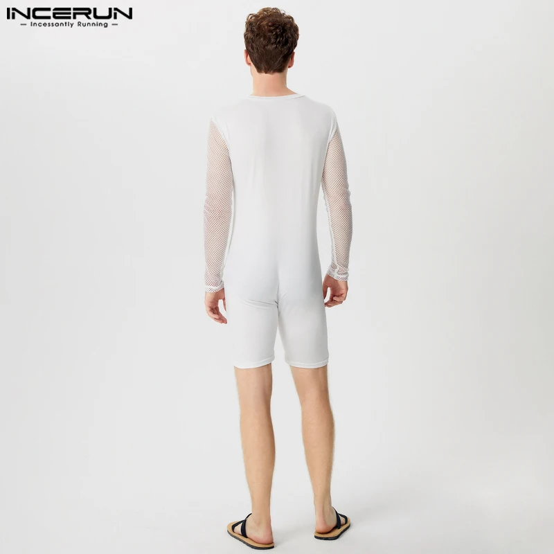 INCERUN Men Bodysuits Mesh Patchwork Transparent Sexy O-neck Long Sleeve Male Rompers 2024 Skinny Fashion Bodysuit Men S-3XL