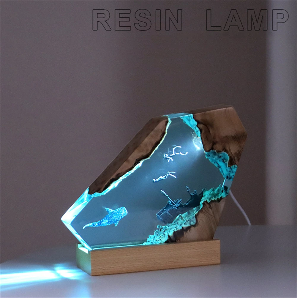 Seabed World Organism Resin Table Light Creative Art Decoration Lamp Shark Sunken Ship Theme Night Light USB Charge