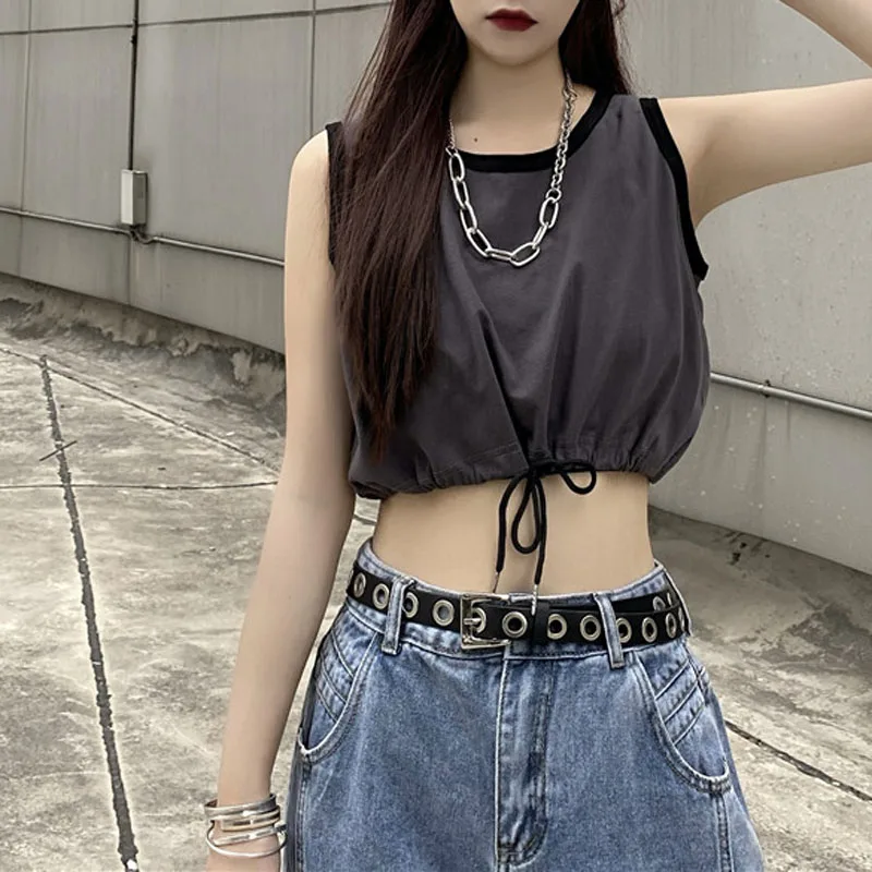 

Boring Honey Summer Fashion Knitting Crop Top Shirring O-Neck Y2K Tops Women Hotsweet Streetwear Tank Tops Slim Thin Crop Tops