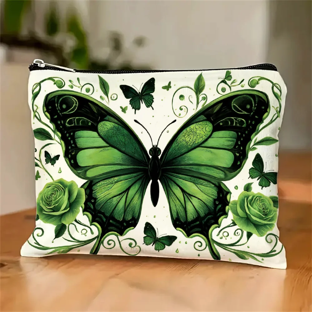 A Green Butterfly Floral Printed Makeup Bag - Cute Multi-functional Zipper Pouch, Jewelry Storage Bag