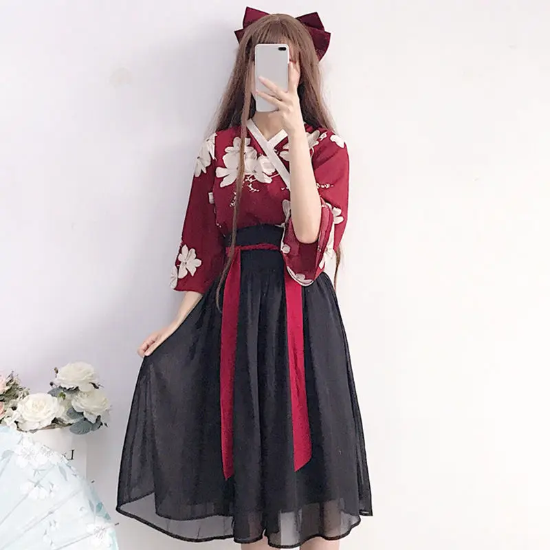 Lolita Kimono Mädchen Cosplay Anime orientalischen Kostüm japanischen koreanischen roten Druck alten asiatischen Kleid Frauen Hanfu Fotografie Kleidung