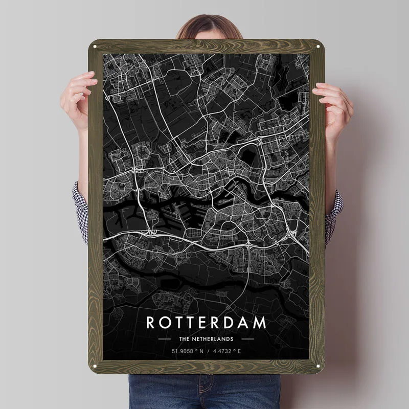 Rotterdam City Map Dark Metal Signs Map Poster Home Decoration Living Room Custom Tinplate Sign for Wall Art Decoration Man Cave