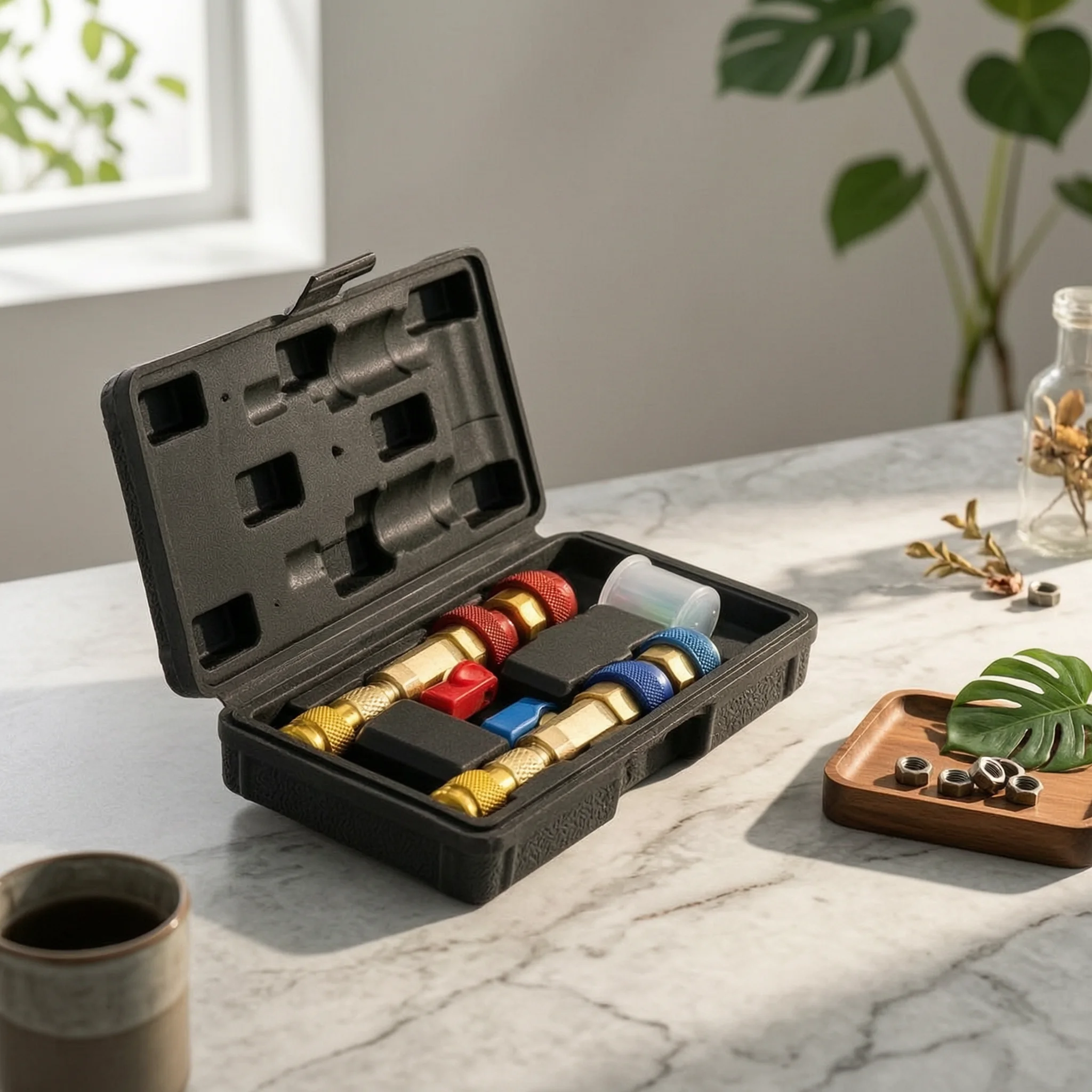 Air-conditioning Valve Core Tool Kit Hard Case Brass and Metal Construction for Car Repair and Servicing