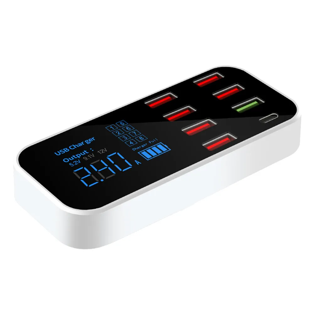 8A 40W USB Phone Charger QC3.0 USB C Type C Fast Charger 8 Ports 2.4A Digital Display Charging Station Portable Travel Charger