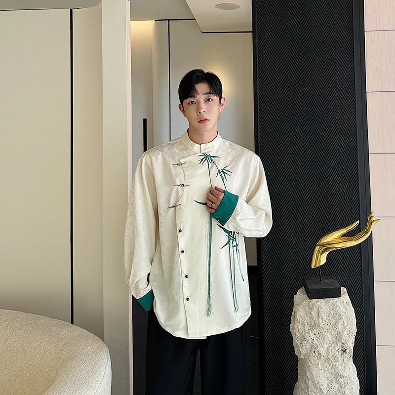 

Early Autumn New Chinese Sle Long Sve irt Men's Retro Tassel Bamboo Embroidery Faionable irt Trendy Metal Button D...