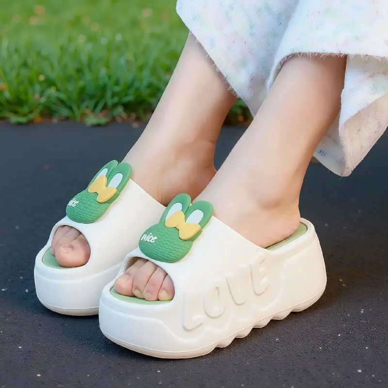 

New Black Bunny Thick Slippers Eva Slides Women's Summer 6.5 cm High Heel Shoes Woman Odorless Slippers Chunky Mules Beach Shoes