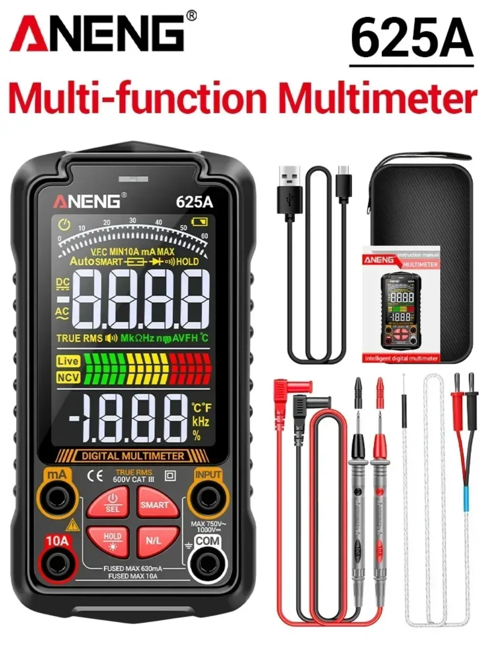 

1000 В постоянного тока Multimetro VA цветной экран Ом измеритель переменного тока Гц NCV тестовые инструменты цифровые мультиметры перезаряжаемые ANENG 625A