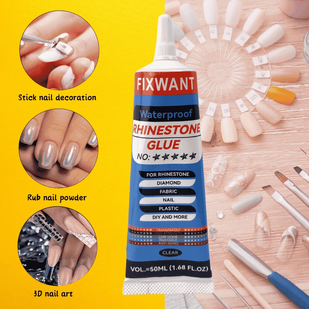 50ML FIXWANT Gel Nail Glue for Rhinestones for Nails Super Adhesive NO Wipe Nail Gem Glue 3D Crystals Beads Diamonds Adhesive