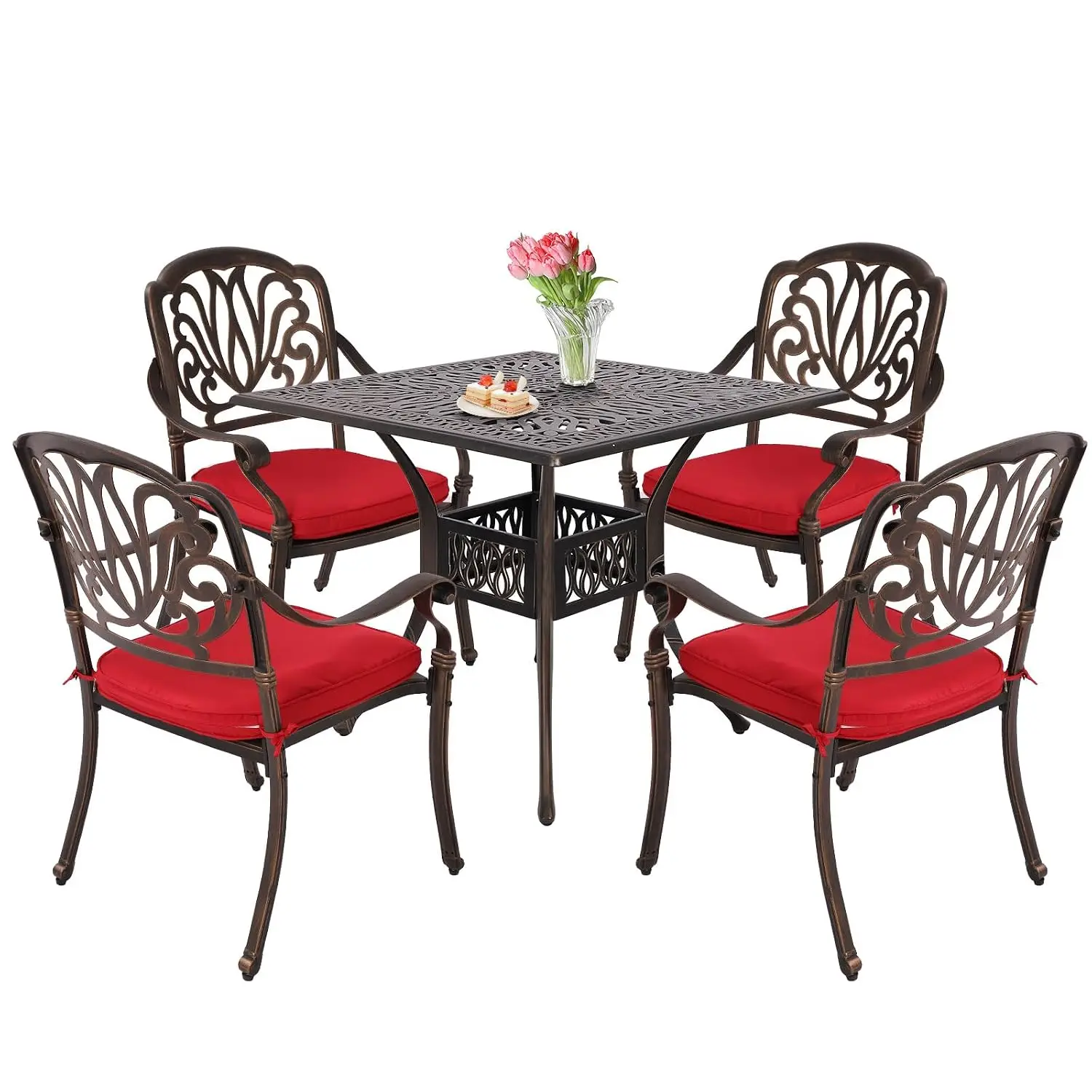 5 Piece Cast Aluminum Patio Dining Set 4 Chairs Cushions 35.4" Square Table Umbrella Hole Outdoor Garden, Customized