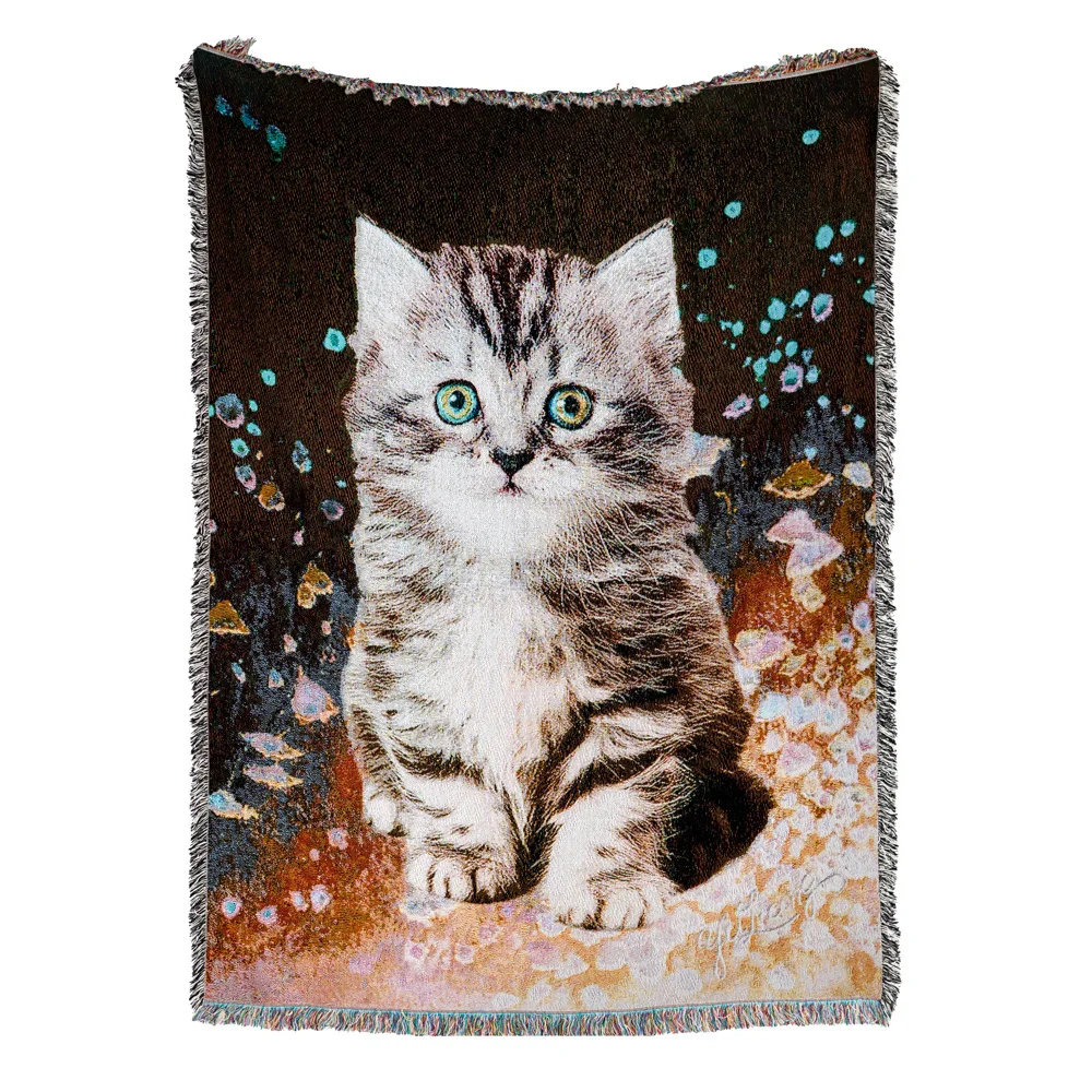 130x160cm Cute Cat and Dog Sofa Bed Blanket Woven Tassel Tapestry Jacquard Camping Blanket Outdoor Picnic Mat Home Decoration