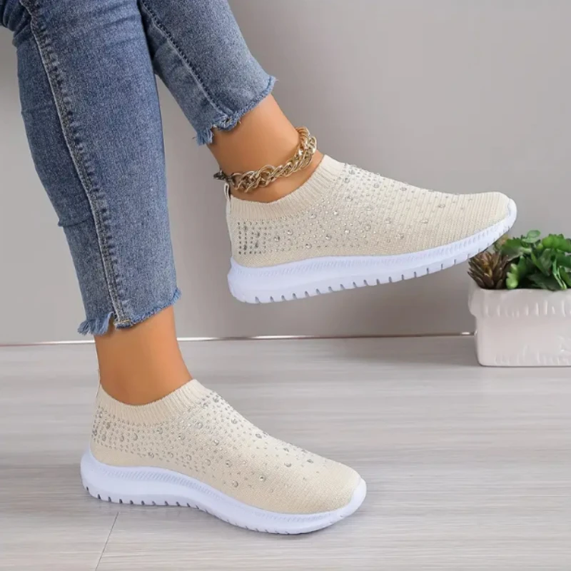 Rimocy Crystal Breathable Mesh Sneaker Shoes for Women Comfortable Soft Bottom Flats Plus Size 43 Non Slip Casual Shoes Woman