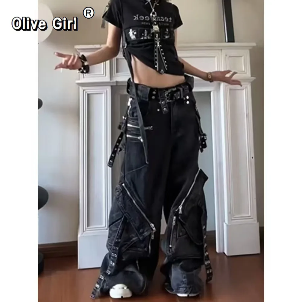 Olivegirl Women's Jeans Denim Pants Goblin Core Y2K Baggy Jeans Punk Wide Fit Japanese Harajuku Trousers Dark Academia Grunge