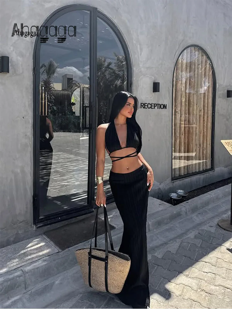 

Ahagaga Fashion Halter Women's Sets Solid Beach Style Bandage Sheath High Split Backless Sexy 2Pcs (Tops+Skrit) Deep V-Neck
