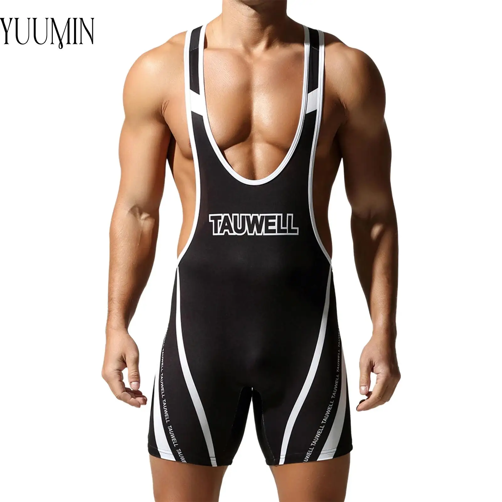 

Men One-piece Swimwear Contrast Color Sports Jumpsuit Wrestling Singlet Athletic Deep Sleeveless Bodybuilding Cycling Bodysuit