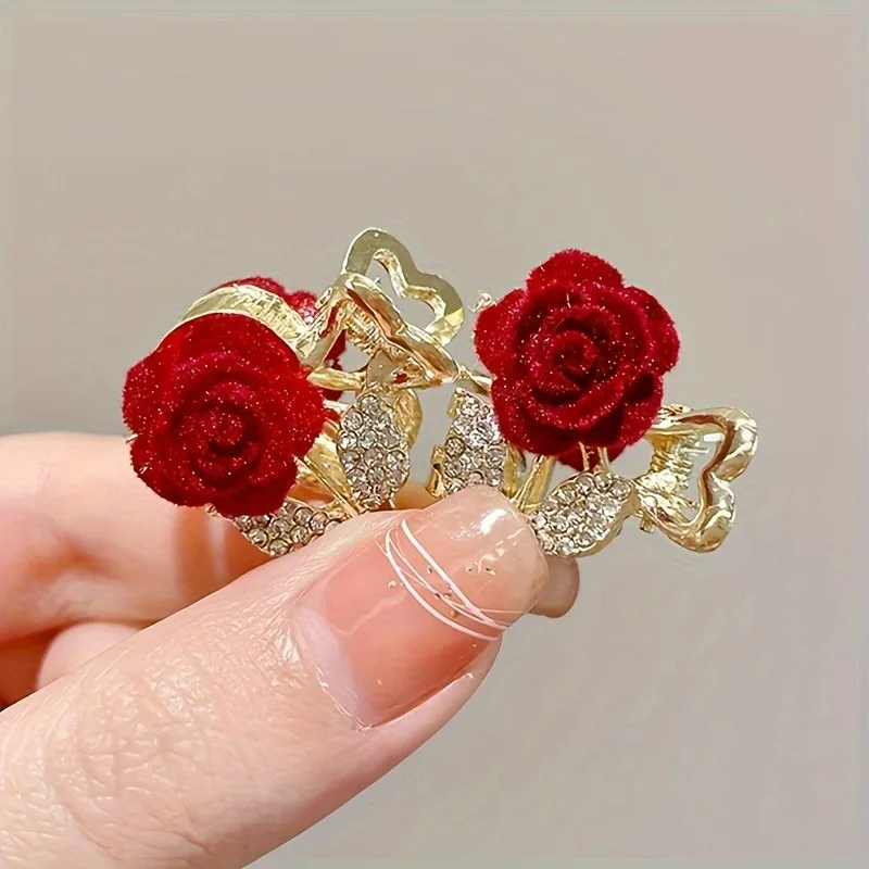 2 Elegant Sparkling Rhinestone Red Rose Hair Clips Bangs Vintage Style Resin Hair Accessories Suitable for Women's Daily Wear - Detail 1