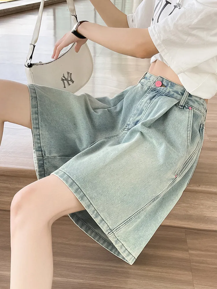 Light Blue A-Line Denim Shorts Women's High Waist Pleated Slimming Wide Leg Pants Casual Spring Summer Breathable Comfortable