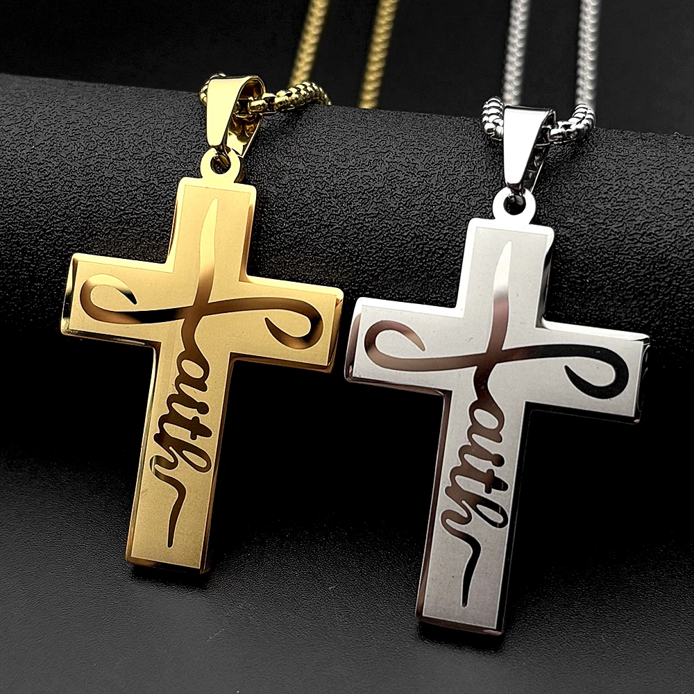 Jesus Christian Faith Letter Script Cross Pendant Necklace for Man Women Stainless Steel Gold Silver Color Chain Amulet Jewelry
