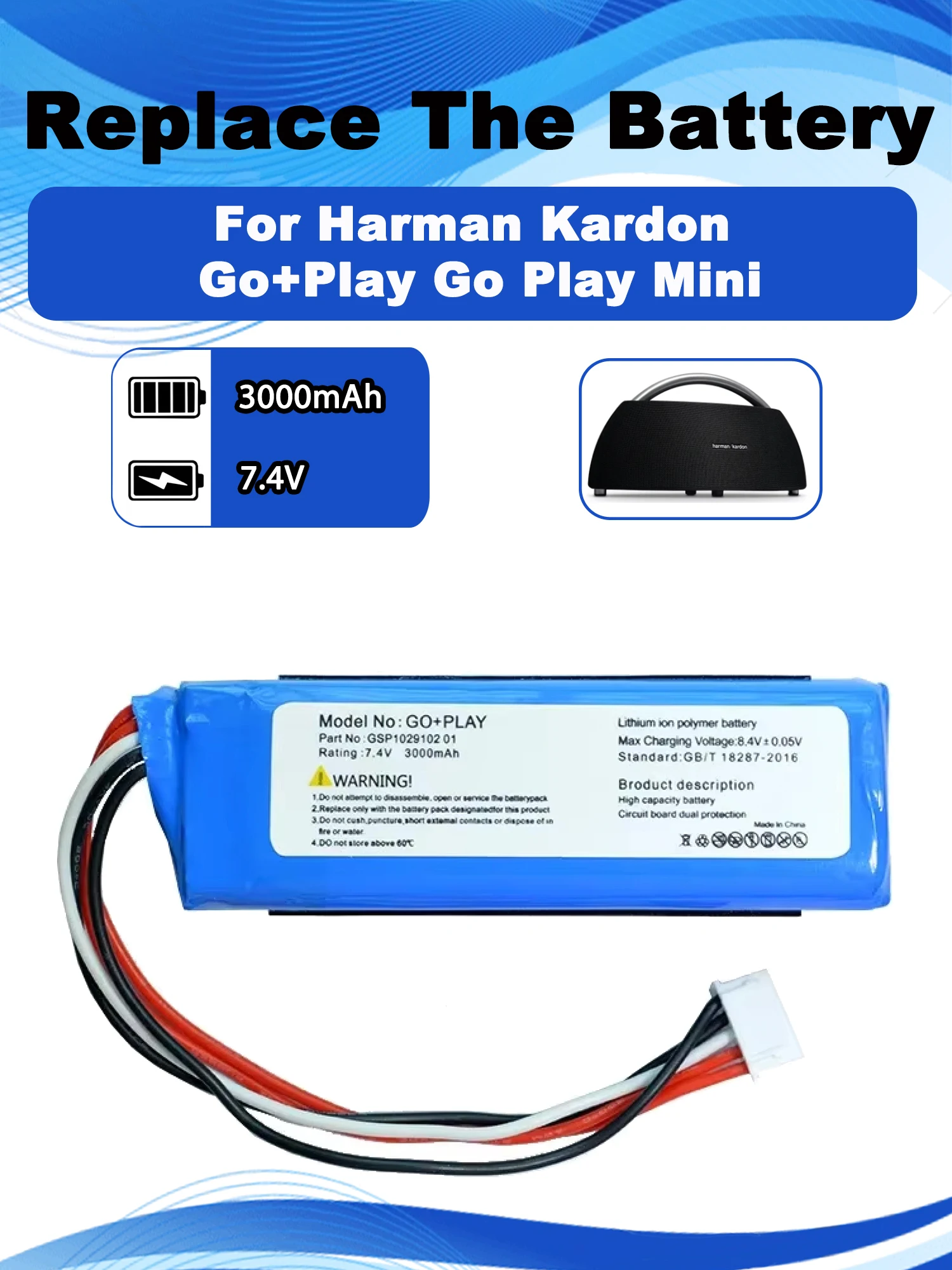 7.4V CP-HK06 GSP1029102 01 Replacement Battery For Harman Kardon Go+Play Go Play Mini Bluetooth Wireless Speaker