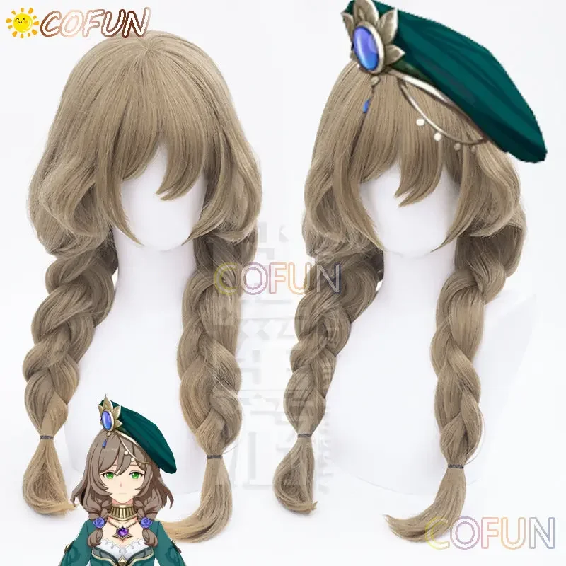 COFUN Genshin Impact Lisa Minci Cosplay Wig Long Brown Double Twist Braid Wig Lisa Heat Resistant Fibre Wigs + Wig Cap Game