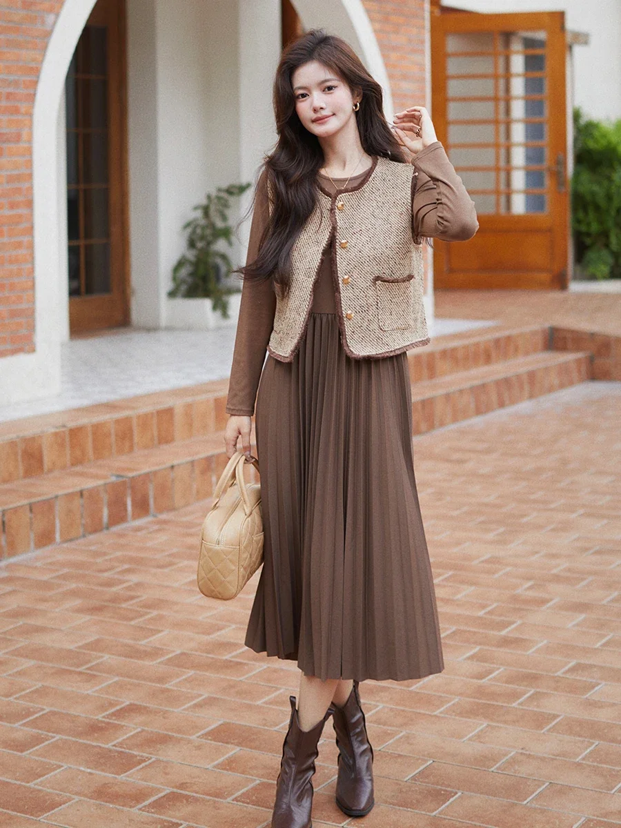 

Sweet Female Clothes Set for Autumn French Style Elegant Long Sleeve Pleated Dress Woolen Vest Twinset Brown Women's Dress Sets