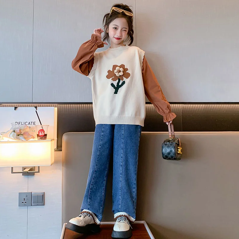 Fashion Girls Spring Fall Clothing Set Sweatshirt Jeans 2 Pieces Clothes Suit Teenage Child Causal Outfit Child Flower Tracksuit