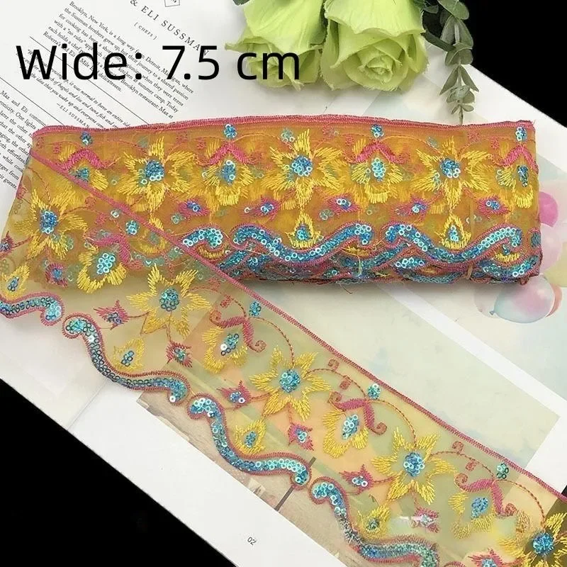 1Yards Lace Fabric Sequins Embroidered Ribbon Collar Trim Applique for Diy Wedding Sewing Dentelle