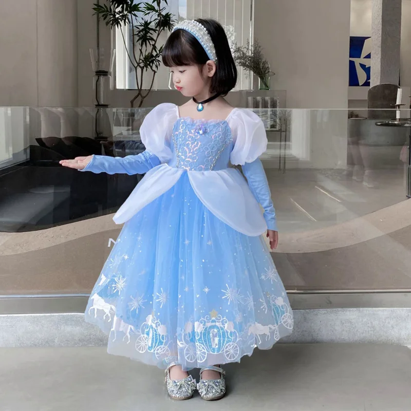 Girls Cinderella Dress Haloween Cosplay Costume with LED Lights Princess Accessories Kids Birthday Party Christmas Evening Dress