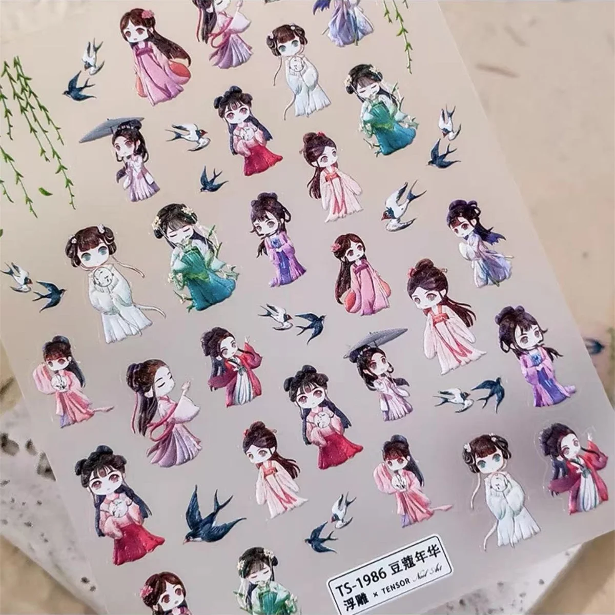 

1pcs 5D Relief Kawaii Chinese Styles Nail Art Stickers Young Girl Self Adhesive Transfer Nail Decorations Slider Decals Ornamen