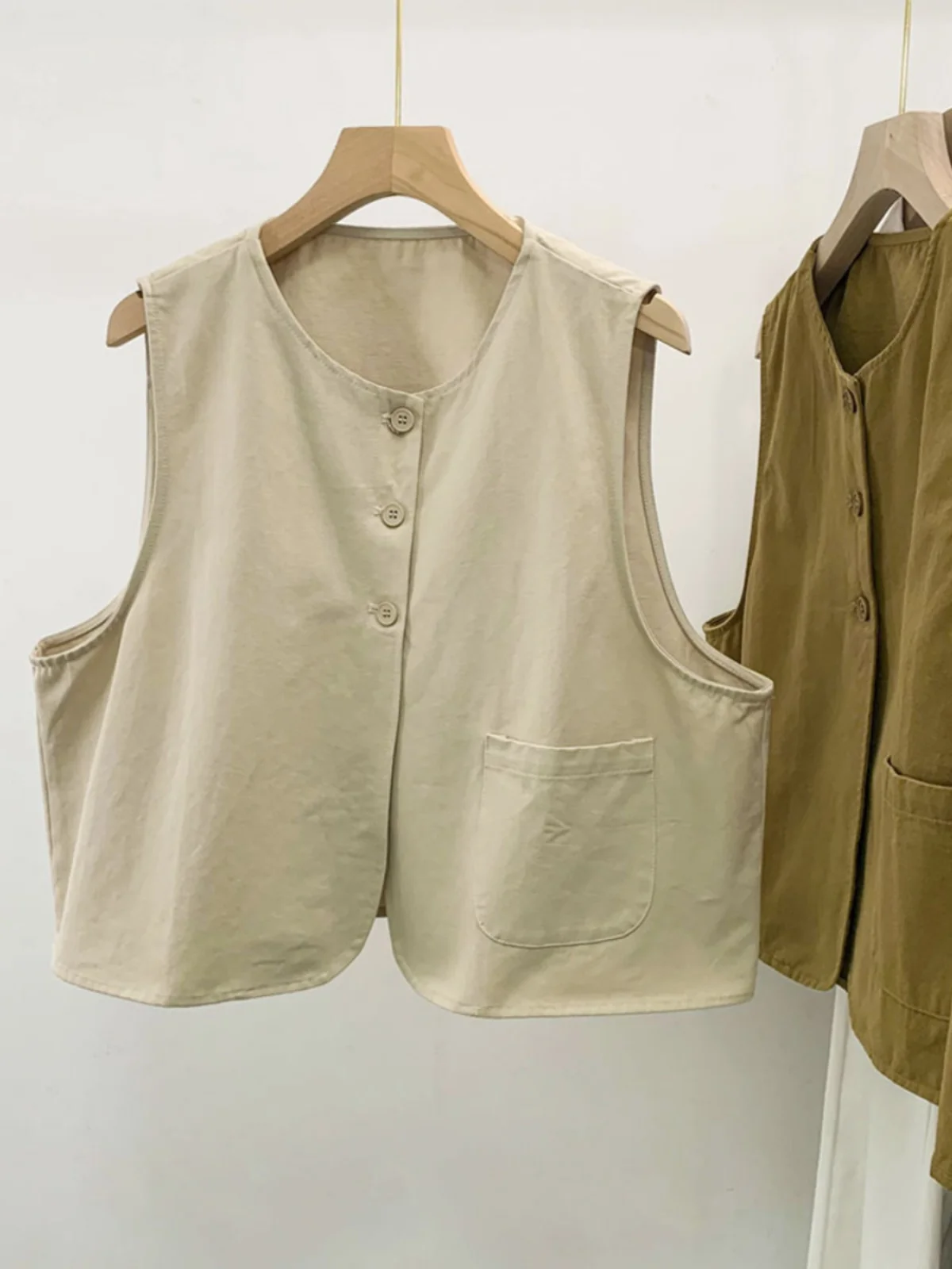

Loose Thin Svel Women's Vest Top Layering Outerwear Japanese Sle Workwear Tank Top round Ne Button Detail