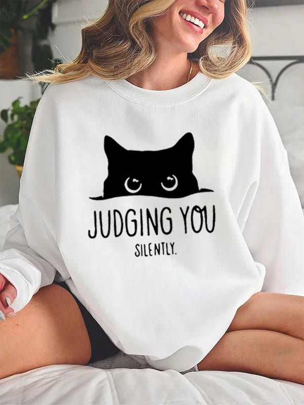 Judging You Silently Funny Slogan Women Sweatshirt Cute Cartoon The Black Cat Who Sneaks and Watches Print Popular Female Tops