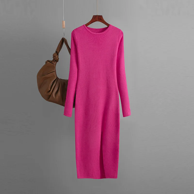 New Winter Split Elegant Dress Autumn Slim Fit Knitted Dresses for Women  Bottom Out Wear Long Sleeve Tight Hip Sweater Dress