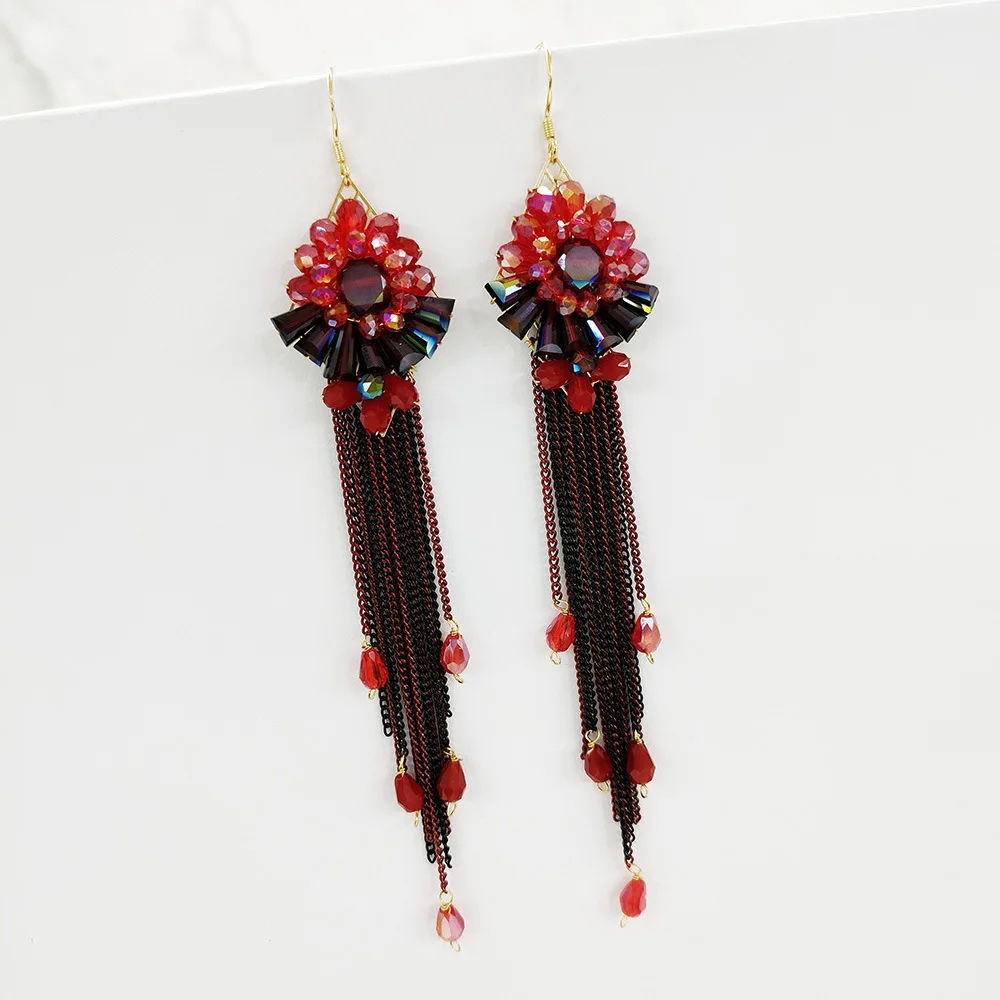 Beaded earrings Tassel Chain Flowers Originality Design Hand knitting Bohemia Alloy Tide Simple Rice bead earrings