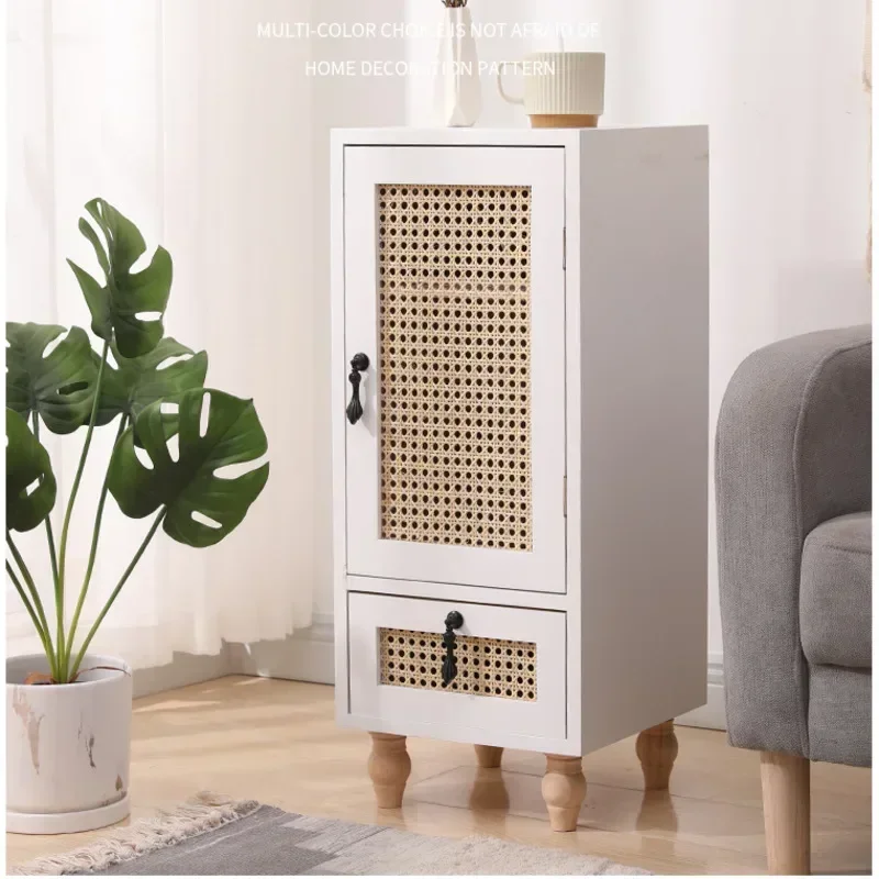 Modern Bedside Table Solid Wood Rattan Woven Storage Cabinet Multi-functional Sofa Cabinet Bedroom with Drawers Home Furniture