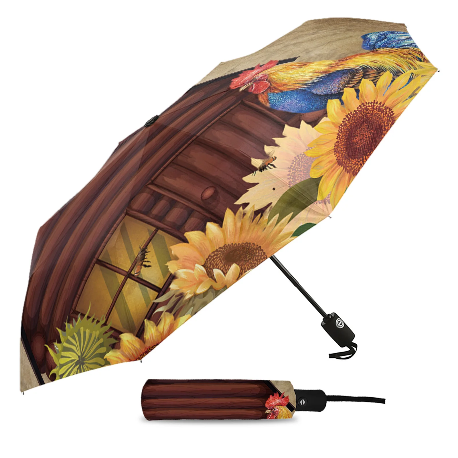 Farm Sunflower Rooster Vintage Creative Umbrella Rain Women Automatic Three Folding Umbrellas Windproof Parasol Parapluie