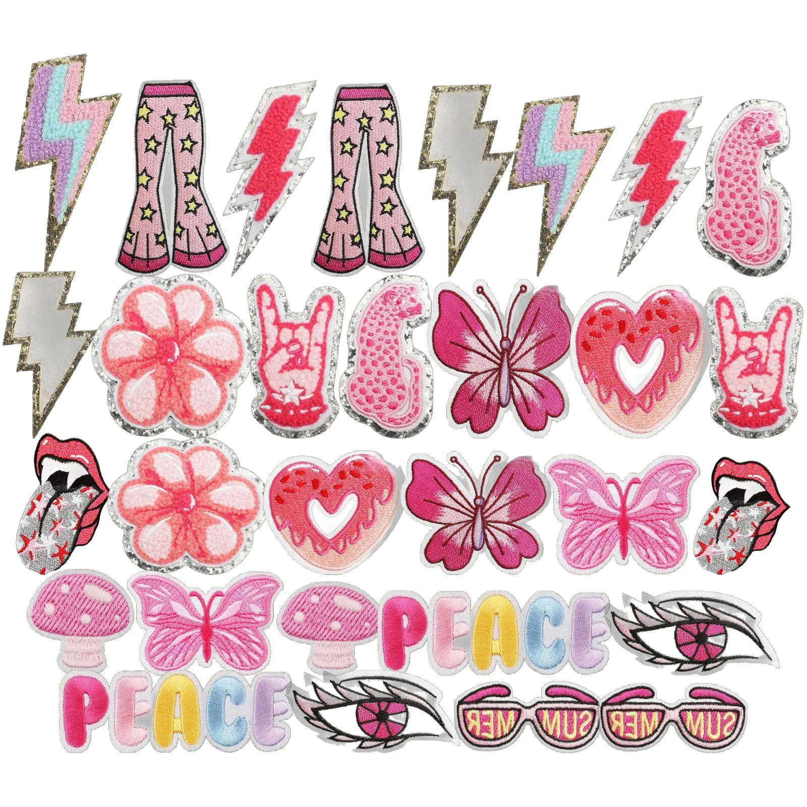 Pink Retro Y2K Patches 15Pcs Star Heart Smile Iron On Embroidered Applique for Clothing Jeans Jacket Bag DIY Craft