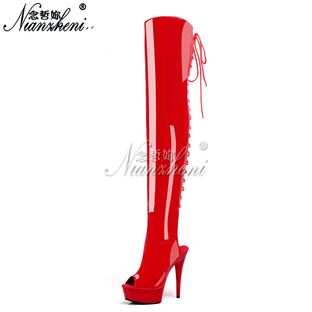 

Red 13cm High Heel Over-the-Knee Long Boots 6 Inch Platform Pole Dance Shoes Exotic Lace-Up Super Fetish Open Booty for Women