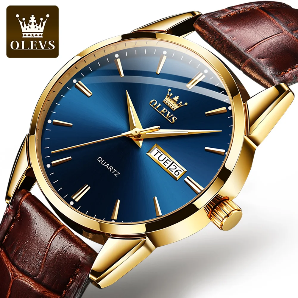 

OLEVS 6898 Business Genuine Leather Strap Men Wristwatch Waterproof Quartz Dual Calendar Great Quality Watches for Men Calendar