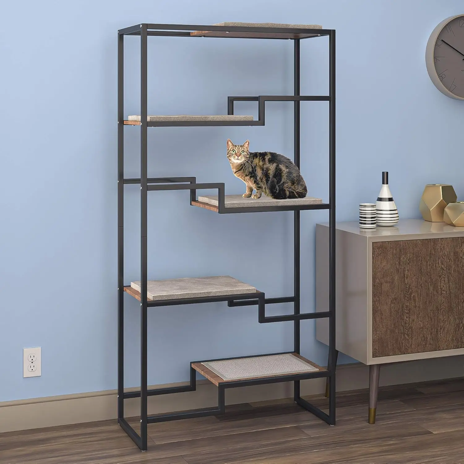 The Refined Feline 62 Inch Tall Metropolitan Cat Condo, Black Metal Frame Cat Tower, Multi-Level Modern Cat Tree For Indoor