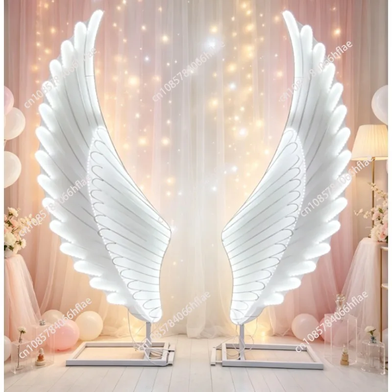 2PCS LED Lighted Angel Wings Steel Decor with Stand, Large Glowing Wing Sculpture Photo Prop for Wedding Scene Layout