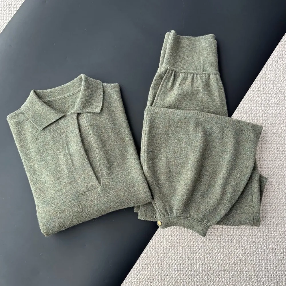 New Green Collared Long-sleeved Cashmere Knit Top Knitted Lantern Pants Set
